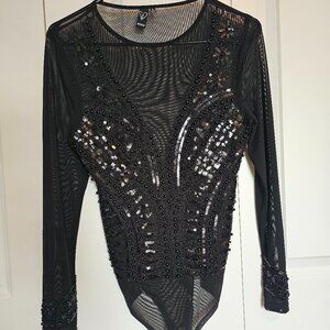 Windsor, Lg., Black, Beaded design, Sheer, Snap-crotch Bodysuit